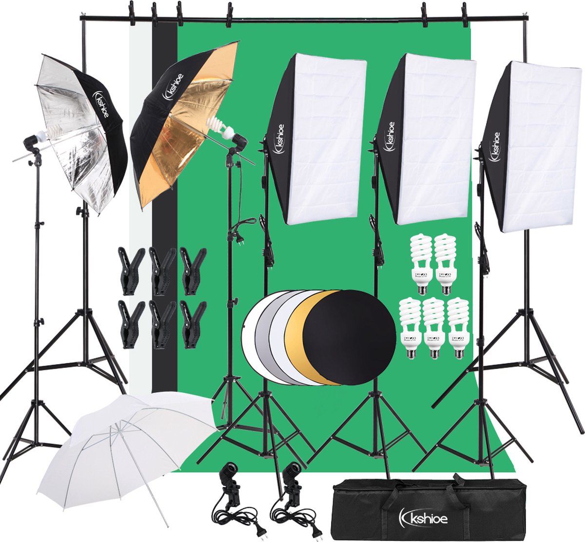 Kshioe Professionele Fotostudio Verlichtingsset – Compleet met Softboxen, Paraplu’s, Achtergronden, Reflector & Draagtas